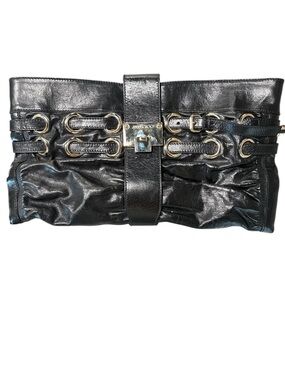 Jimmy Choo Black Leather Buckle-Detail Clutch with Gold Hardware